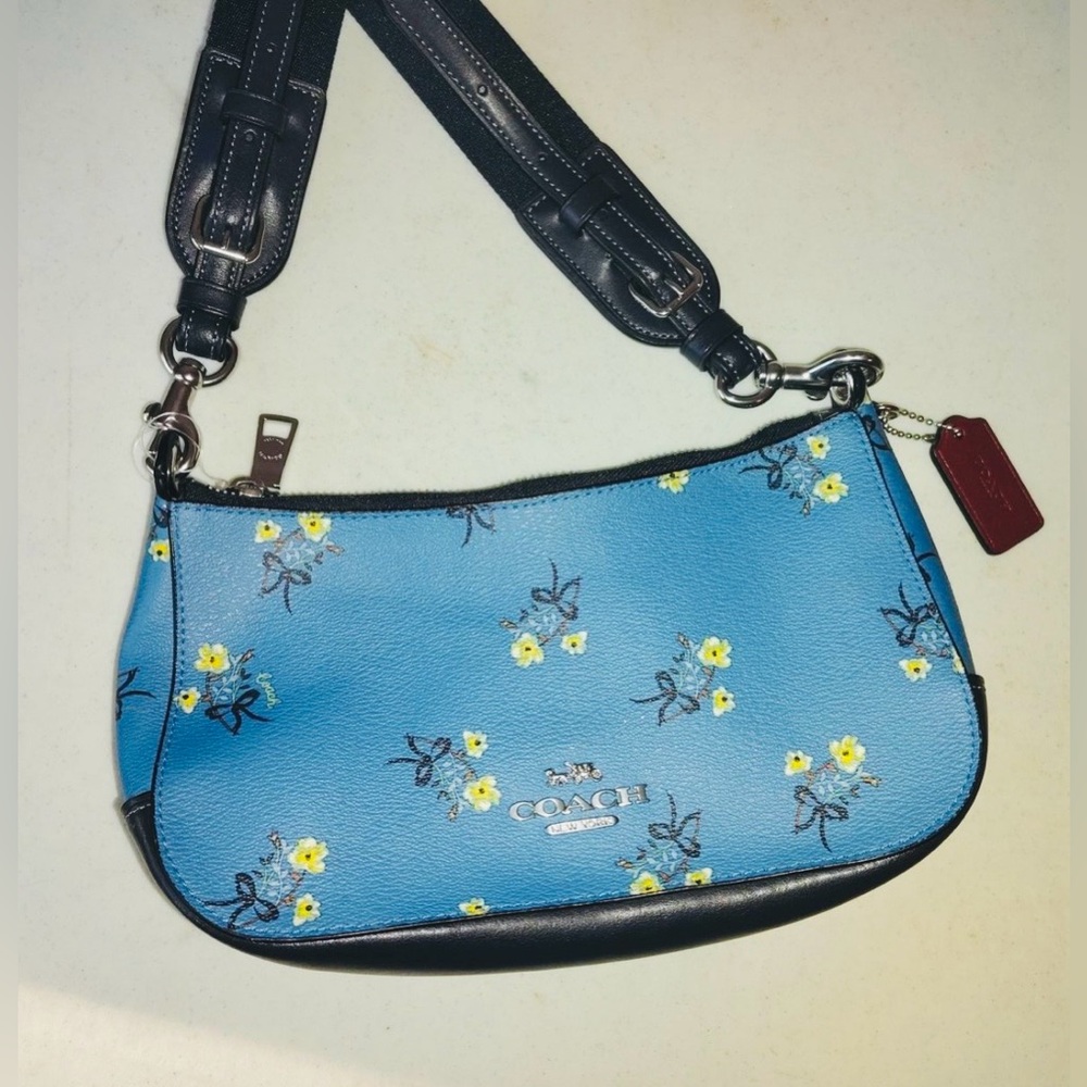 Coach Floral Crossbody Canvas Bag With Long Leather Strap, Blue/black/yellow